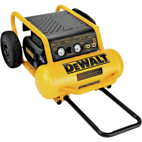 Heavy Duty Portable Air Compressor Featuring 4 5 Gallon Steel Tank And 225 Psi Maximum Pressure With Smooth Roll Wheels for easy transport.