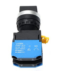 Front view of 22mm 3 Position Maintained Rotary Selector Switch with 2NO Latching Contacts, 10A 660V AC Rating, blue housing