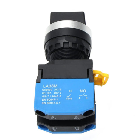 Front view of 22mm 3 Position Maintained Rotary Selector Switch with 2NO Latching Contacts, 10A 660V AC Rating, blue housing