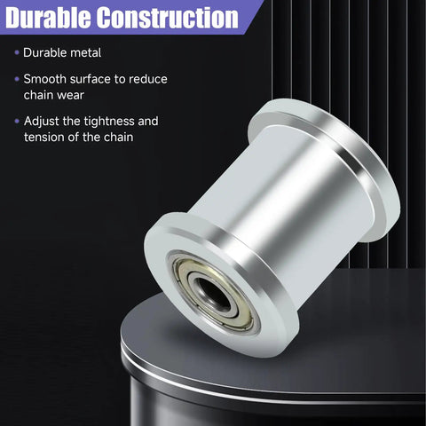 Close-up of durable metal roller for Mini Bike Chain Tensioner With One And Three Quarter Inch Roller Compatible With Coleman CT100U CC100X.