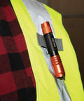 Rechargeable Pocket Flashlight With Dual-Direction Clip, 275 Lumen High Power, clipped to vest for hands-free use