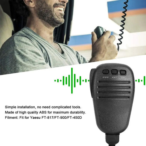Handheld Microphone Speaker For Two Way Radios Compatible With Yaesu FT 817 FT 900 FT 450D in use close-up