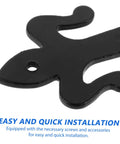 Heavy-duty door hinge; close-up view of black metal hinge component with mounting hole