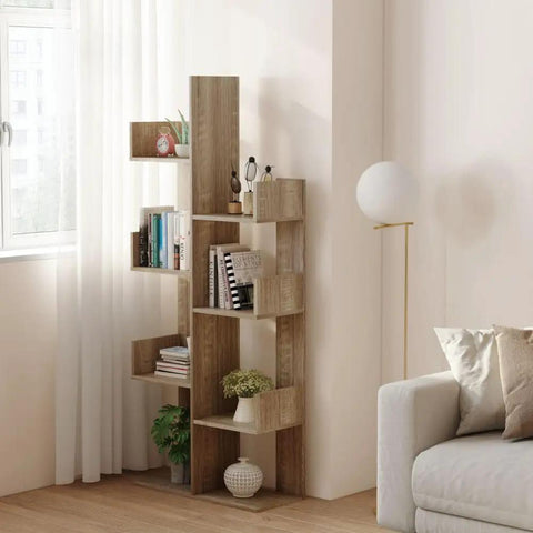 Cactus Shaped Four Tier Bookshelf With Open Cube Shelves Standing 61.4 Inches Tall, showcasing books and decor in a living room.