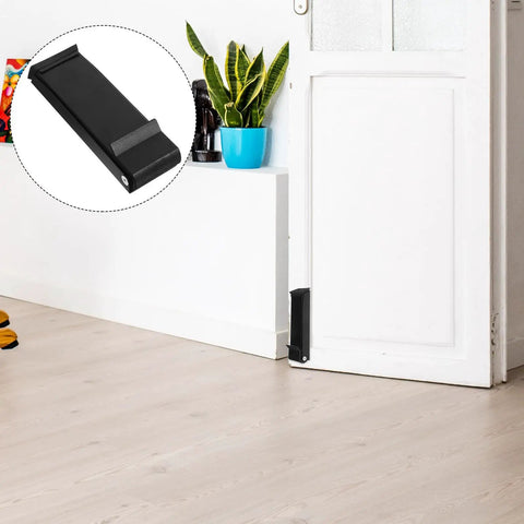Kickdown Door Stop Stainless Steel No Punchin Install Heavy Duty Door Wedge on door, shown with close-up inset.