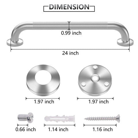 Diagram showing dimensions of 2 Pack 24 Inch Stainless Steel Shower Grab Bars Anti Slip Safety Rail For Bathtub Or Shower with hardware details