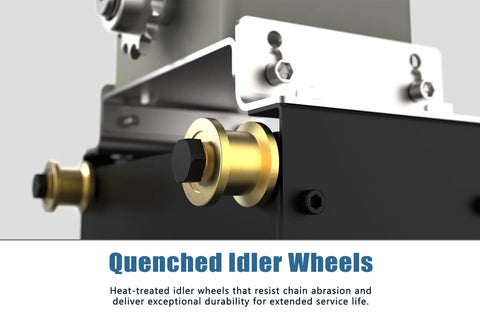 Close-up of quenched idler wheels on Heavy Duty Pro Grade 1100 Lb Sliding Gate Opener With Chain Drive Includes 2 Remotes 16 Foot Chain Hardware Kit Automatic Gate Operator For Driveway Access System.