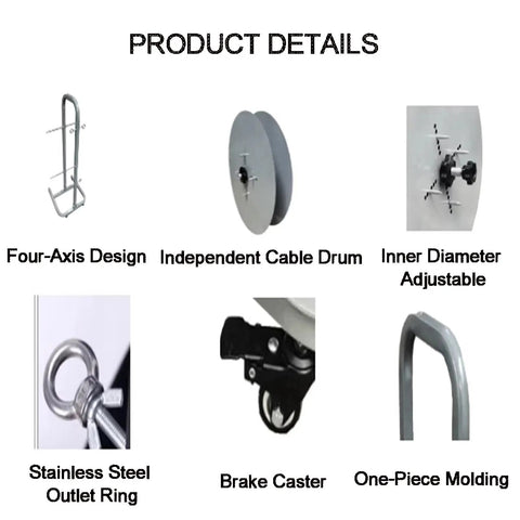 Product details for Heavy Duty Wire Spool Rack Holder Steel Dispenser include design features and components.