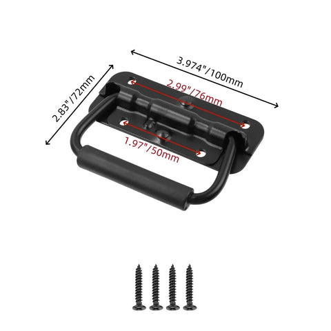 4 Pack Spring Loaded Chest Handles Heavy Duty Foldable Pull Handles with Rubber Grip Black Finish shown with dimensions and screws