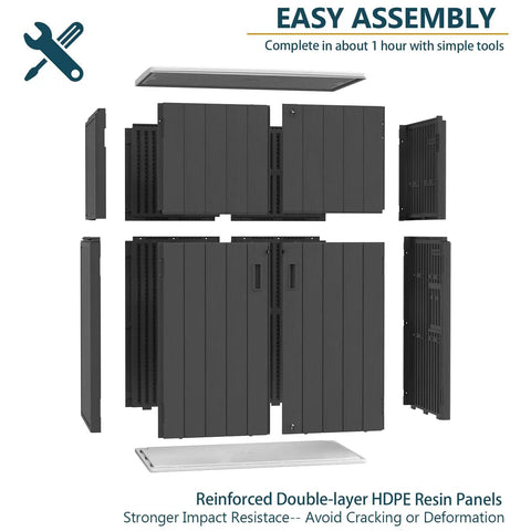 Disassembled panels of 57 Cu Ft Outdoor Storage Shed With Floor, All Weather Resin Design For Patio, Garden And Lawn