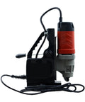 Heavy Duty Magnetic Drill Press For Steel Engineering Jobs, side view of DC powered benchtop drilling rig.