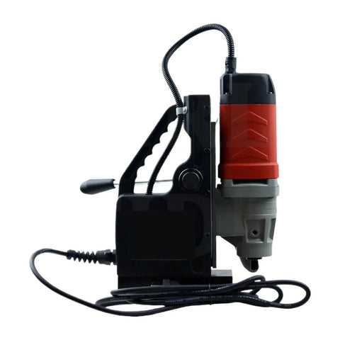 Heavy Duty Magnetic Drill Press For Steel Engineering Jobs, side view of DC powered benchtop drilling rig.