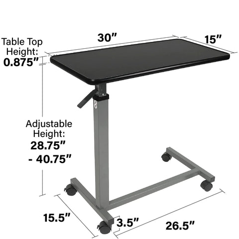 Heavy Duty Adjustable Overbed Table With Ball Bearing Casters, versatile rolling bedside desk with adjustable height shown.
