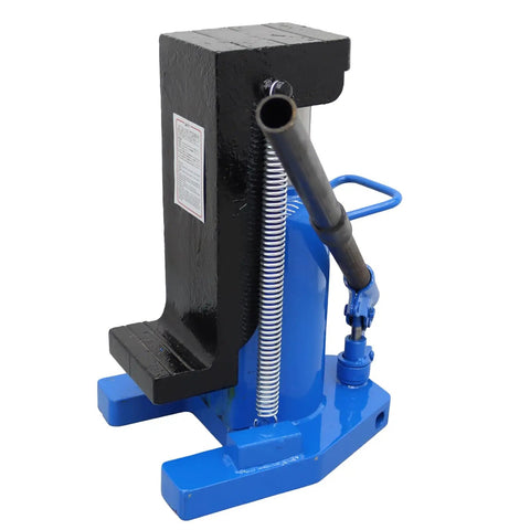 Heavy Duty Workhorse Air Hydraulic Toe Jack 15 To 30 Ton Lift Capacity showing black and blue steel design for auto repair tasks.