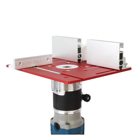 Top Notch Aluminum Router Table Insert Plate Featuring Crisp Measurement Scale And Rock Solid Flip Base For High Precision Woodworking Jobs Finished Off Nicely In Cool Sky Blue mounted on a router.
