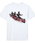 White tee with Maori canoe artwork, Outrigger Canoe Hawaiian Shirt With Dope Tribal Polynesian Artwork For Men A Hawaii Themed Tee.