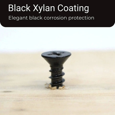 Close-up of a Black Xylan Coated Heavy Duty No 8 Wood Screw 1 Inch, partially installed in wood, showcasing corrosion resistance.