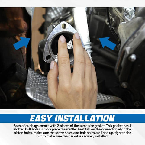 Installed view: HEVLE 2-piece graphite exhaust gasket for 3.5-inch flange, being fitted to car exhaust