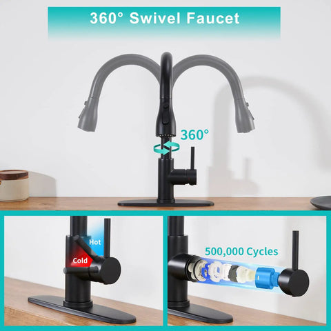 Slick Black Kitchen Faucet With Pull Down Sprayer, Single Handle For RV And Home showcasing 360° swivel feature and ceramic cartridge