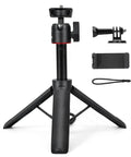 Extendable Mini Tripod For GoPro Hero Cameras And Osmo Pocket with 360 Degree Ball Head and accessories shown in black.