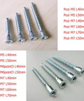 Various sizes of hex drive countersunk wood screws on a table; Pozi M5 L40mm, M5 L50mm, M7 L60mm visible