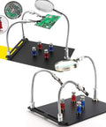 Go-To Magnetic Helping Hand With Four PCB Pillars And Three Magnifying Lamps displayed with flexible arms and PCB holders