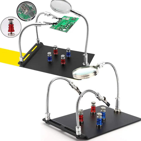 Go-To Magnetic Helping Hand With Four PCB Pillars And Three Magnifying Lamps displayed with flexible arms and PCB holders