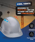 Cap Style Vented White OSHA Hard Hat With 6 Point Suspension, Lightweight ABS Construction Helmet for job sites, showcased with venting feature.