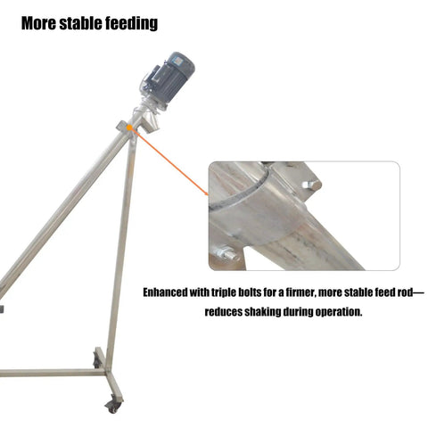 Inclined Screw Conveyor Feeder For Powders And Granules, 441 To 661 Lb Per Hour Capacity, Stainless Steel Construction, 1100W 220V, Beefy Yet Precise Powder Loader with enhanced stability feature and motor view