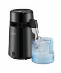 Top Notch Water Distiller With 750 Watt Heater Makes Hella Pure Water For Home Use And CPAP Devices, black unit with transparent tank.