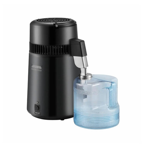 Top Notch Water Distiller With 750 Watt Heater Makes Hella Pure Water For Home Use And CPAP Devices, black unit with transparent tank.
