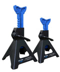 ANTPOWER 3-Ton jack stands, front view, pair with blue adjustable posts and black triangular bases