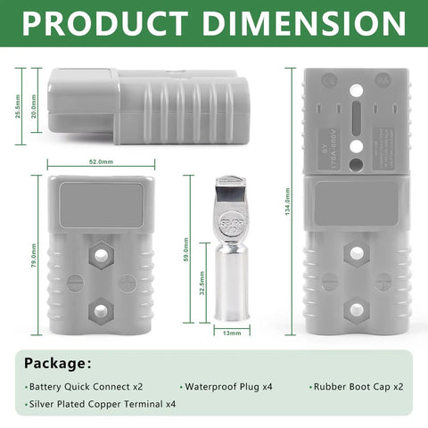 Heavy Duty 175 Amp Battery Quick Connect for 1 0 AWG Cable 600V Power Plug Kit with dimensions and terminal close-up