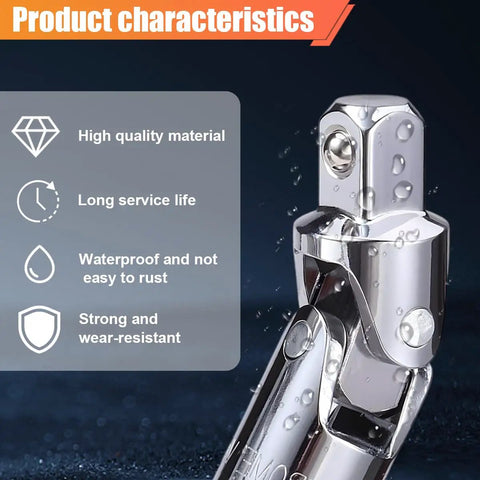 3 Piece Universal Joint Socket Set For One Quarter Inch Drive, Three Eighth Inch Drive And One Half Inch Drive With Swivel Ratchet Sockets, Chrome Vanadium Steel, Built Tough For Auto Maintenance And Repairs showing chrome joint