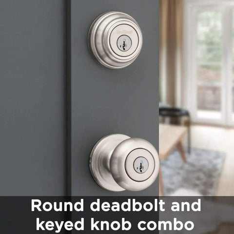 Juno Keyed Entry Door Knob And Single Cylinder Deadbolt Combo With Microban Antimicrobial Protection SmartKey Security Satin Nickel Finish Universal Handing For Left Or Right Doors Exterior Door Security Upgrade