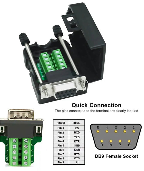 DB9 RS232 Breakout Connector Solderless Serial Adapter with Female DB9 Screw Terminal Module, open case, easy wiring.