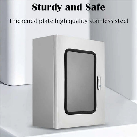 Stainless Steel Indoor Electrical Enclosure Box With Hinged Cover Built To Last, 16x12x10 Inches, wall mounted.