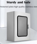 Stainless Steel Junction Box For Indoor Electronics, Heavy Duty Wall Mounted Enclosure With Hinged Cover, Durable 32 By 20 By 8 Inch Enclosure, 2mm Thick Steel Project Box, Fits 8 To 24 Inch Components, front view with viewing window