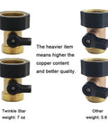 Comparison of two Heavy Duty Brass Shut Off Valve Garden Hose Connector Set Of 2 For Three Quarter Inch Hoses, showing weight difference