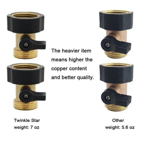 Comparison of two Heavy Duty Brass Shut Off Valve Garden Hose Connector Set Of 2 For Three Quarter Inch Hoses, showing weight difference