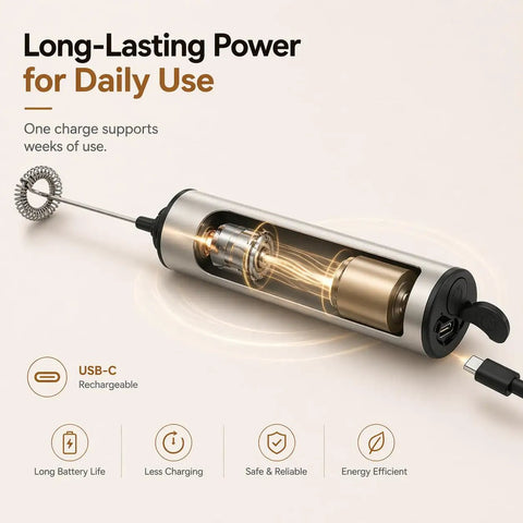 Rechargeable Milk Frother With Stand Electric Whisk Foam Maker USB C Two Speed Handheld Drink Mixer For Coffee Latte Cappuccino Matcha Drinks Silver Finish with USB-C charging cable