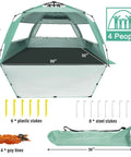 Deluxe XL Pop Up Beach Tent Sun Shade For 3 To 4 People With UV Protection And Extendable Floor in mint green and accessories shown.