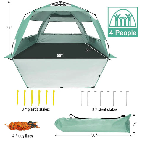 Deluxe XL Pop Up Beach Tent Sun Shade For 3 To 4 People With UV Protection And Extendable Floor in mint green and accessories shown.