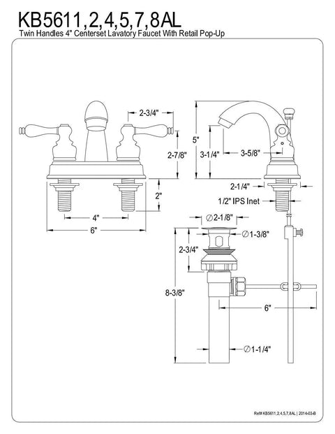 Diagram of Restoration Style 4-Inch Centerset Lavatory Faucet In Polished Brass, Deck Mount 3-Hole Install, with dimensions shown