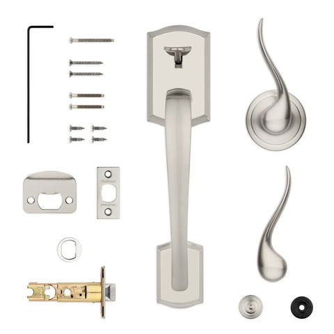 Front Door Entry Handleset With Reversible Interior Lever, Non Locking Satin Nickel Finish, Microban Protection, exterior hardware kit