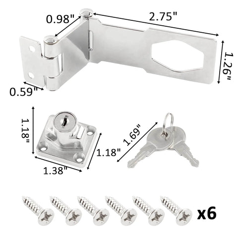 3 Inch Keyed Door Lock Hasp Latch In Stainless Steel with screws, keys, and measurements shown, suitable for cabinets and barn doors installation