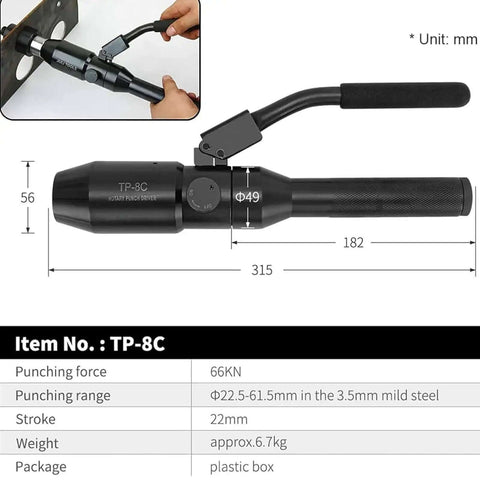Hydraulic Knockout Hole Punch Driver Set showing handle and die specifications for 22.5-61.5mm holes in 3.5mm steel
