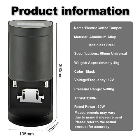 Slick Automatic Electric Coffee Tamper Fifty Eight Millimeter Espresso Tamping Station in black, aluminum, dimensions 300mm x 125mm.