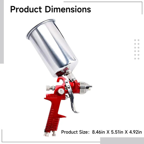 Heavy Duty HVLP Paint Spray Gun Kit Features Gravity Feed And Tweakable Air Valve With Five Precision Nozzles Plus A Tough Aluminum Cup. Product size 8.46in x 5.51in x 4.92in.