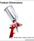 The Real Deal HVLP Paint Spray Gun Kit with Gravity Feed and Five Swappable Nozzles at 1.4mm 1.7mm 2.0mm, showing product dimensions and aluminum cup.
